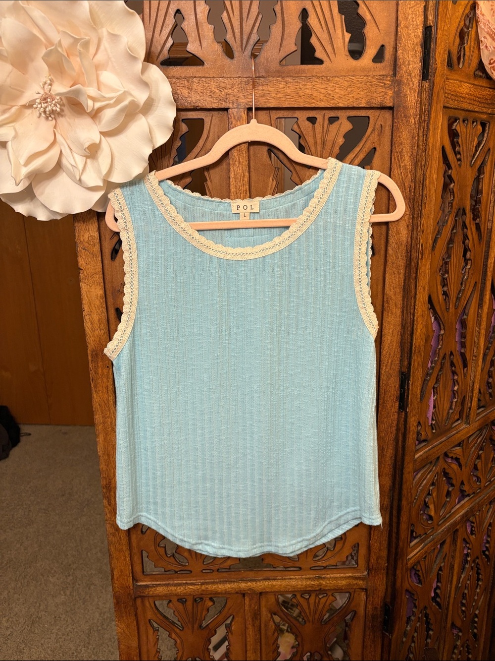 POL Light Blue Ribbed Tank with Ivory Crochet Trim